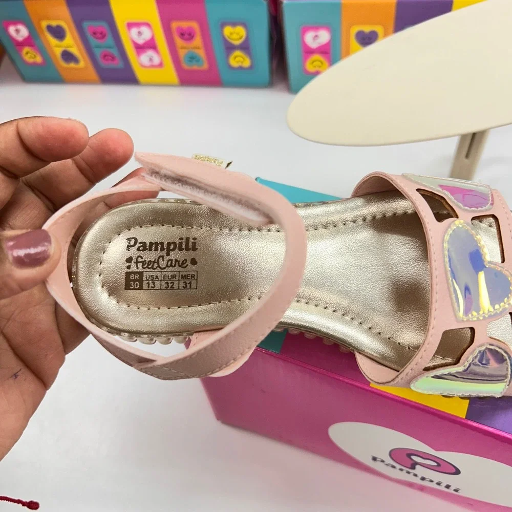 Pampili FeetCare Pink Iridescent Heart Sandals Glitter Sole Kids Size 13 US